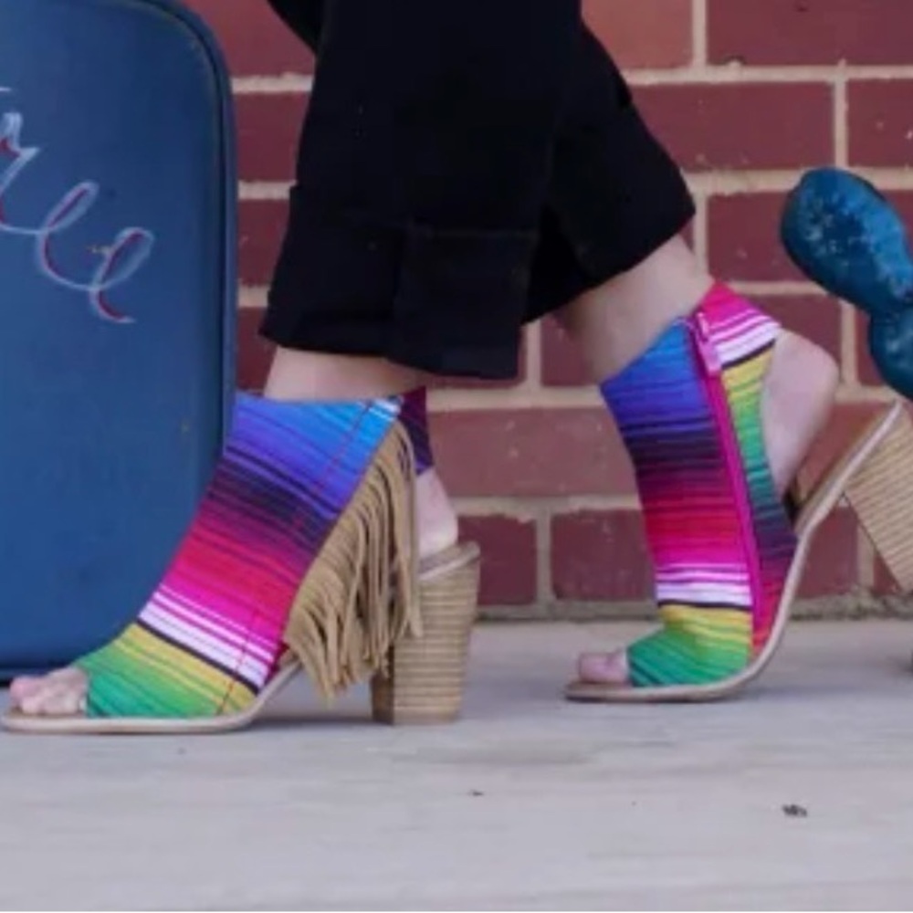 Very Volatile Multicolor Striped Fringe Block Heel Sandals